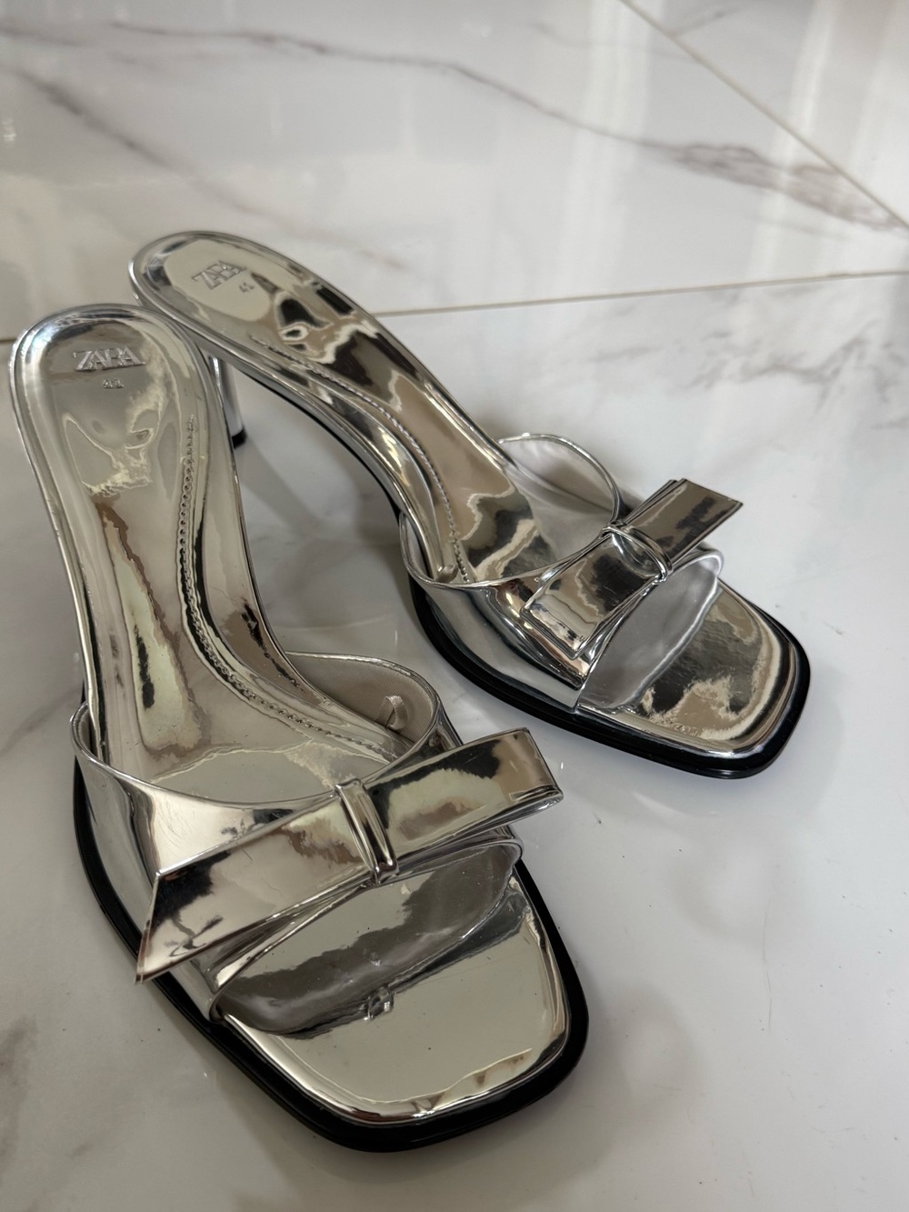 ZARA Silver Bow Slide Mules